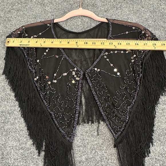 Black Beaded Sequin Mesh Fringe Shawl Vintage Flapper Style - Picture 4 of 4